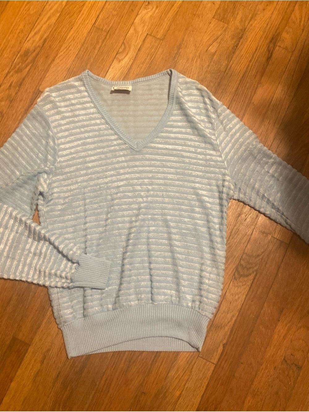 Vtg 80’s Variety Light Blue V-Neck Women's Sweater Terry Cloth Stripe